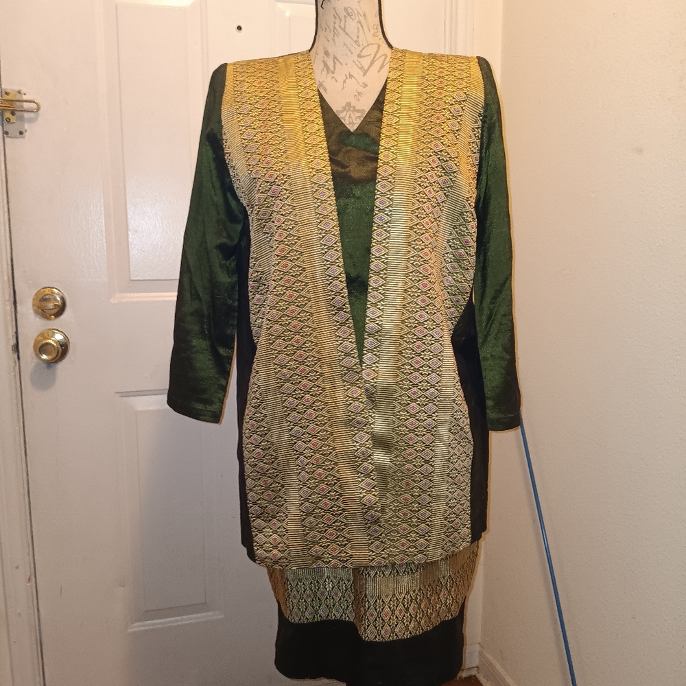 Green and Gold Sheath Dress And Jacket